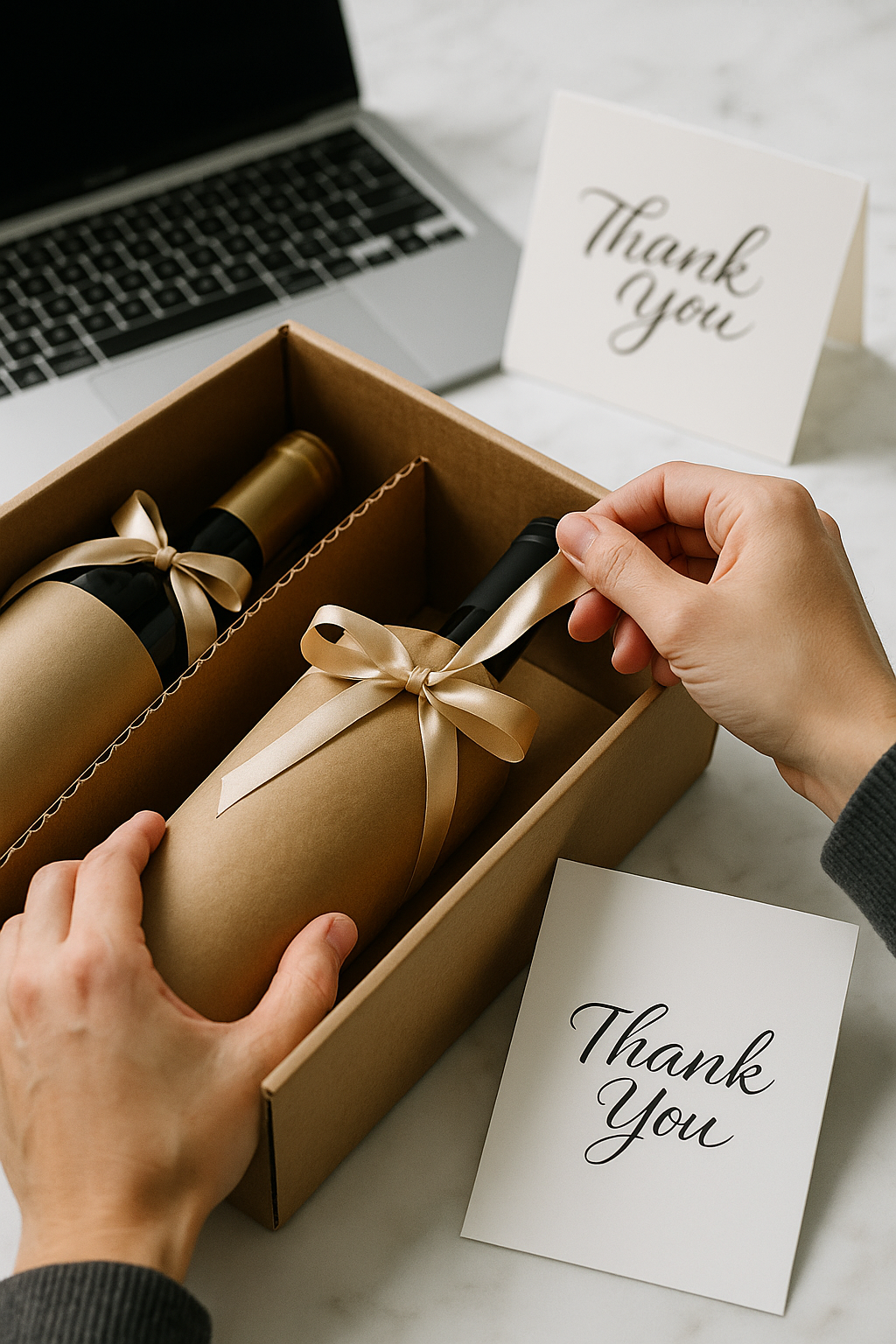 Thoughtful wine gift presented in a modern professional environment