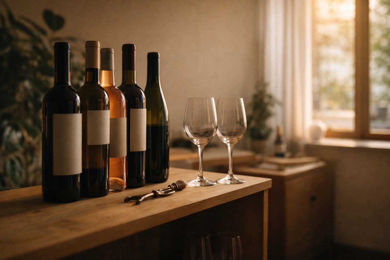 A small, casual wine collection at home on a shelf with warm light