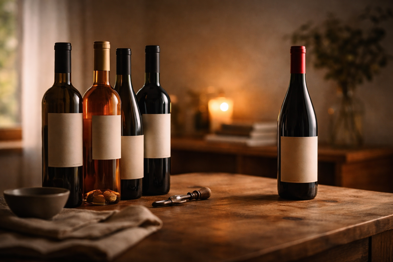 Everyday wine bottles alongside a special bottle set slightly apart on a table