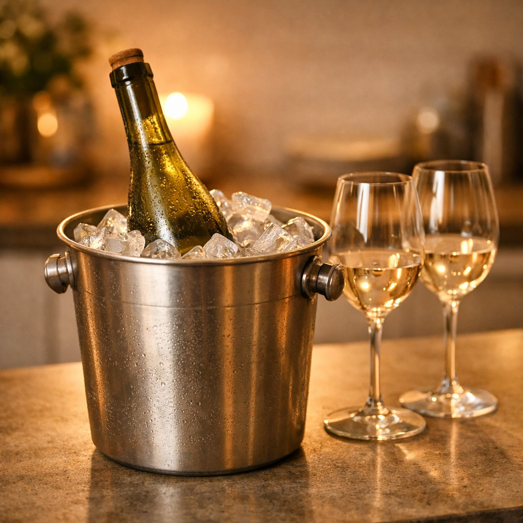 A wine bottle chilling in an ice bucket beside wine glasses