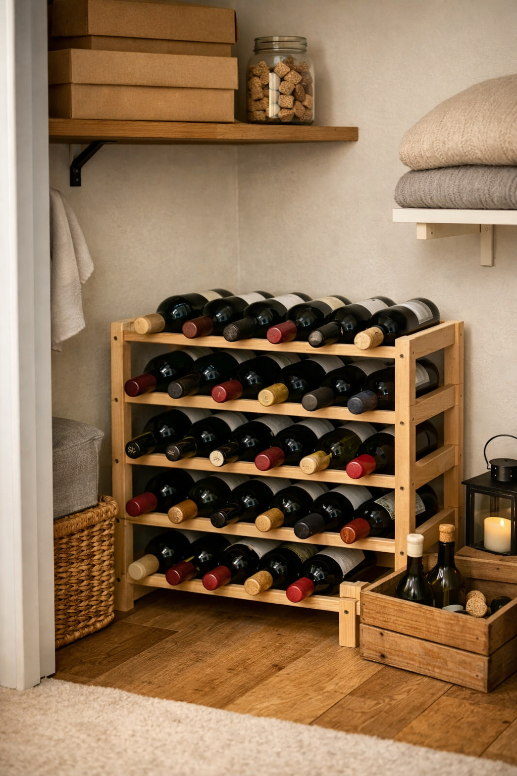 A budget-friendly modular wooden wine rack in a small closet, showing an attainable home wine storage solution