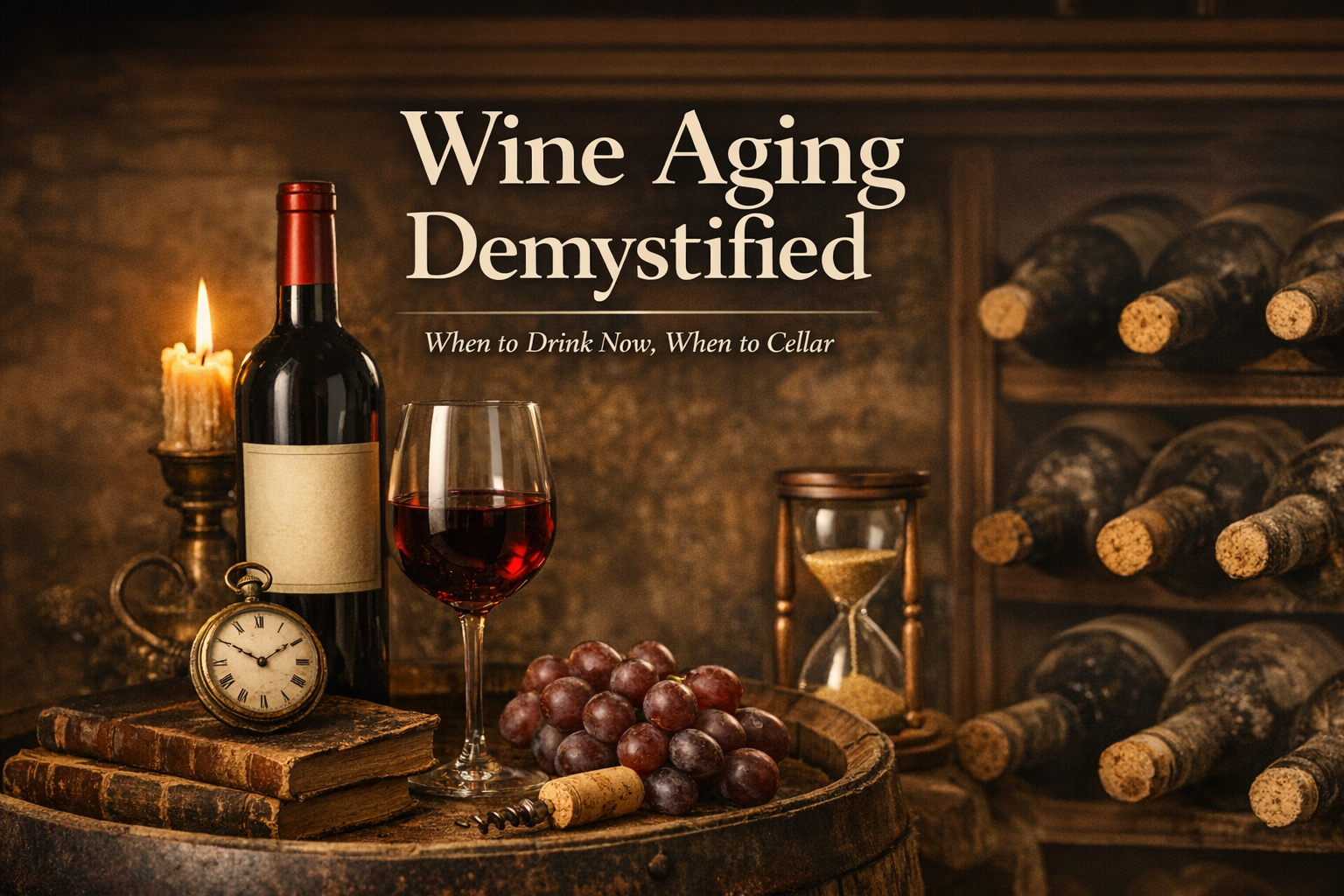 A moody wine cellar scene symbolizing time, patience, and wine aging