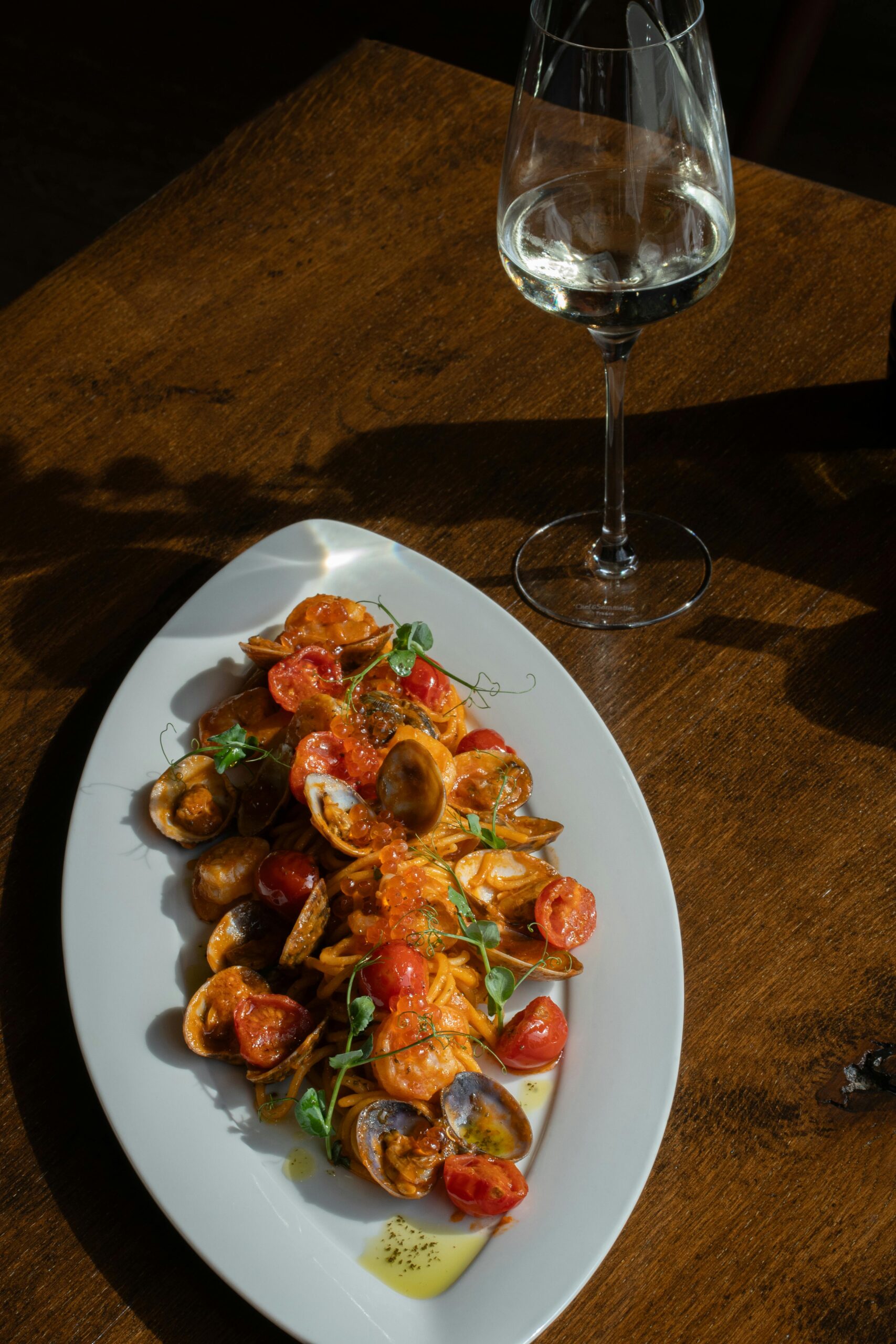 Wine and food paired casually at a table