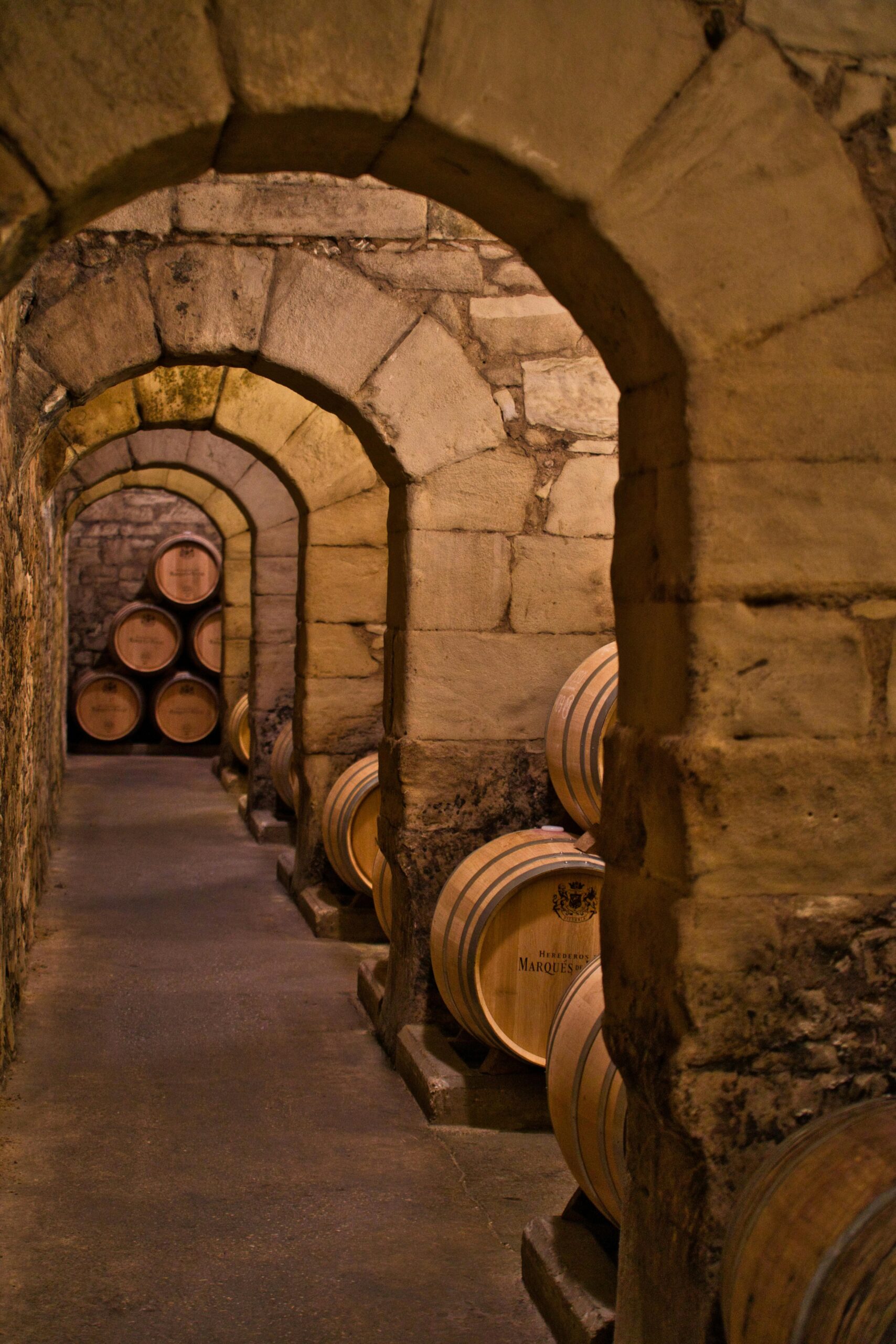 Wine barrels stored in a traditional wine cellar