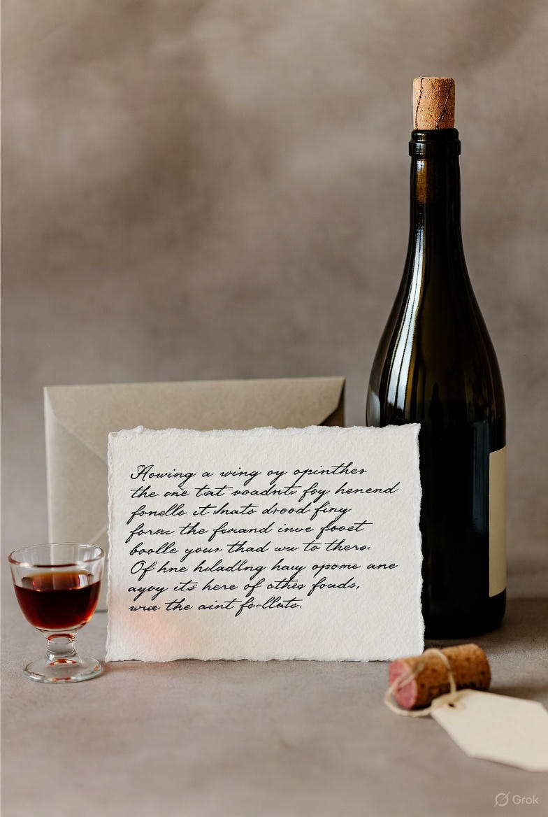 A minimal wine gift scene with a handwritten card and neutral styling
