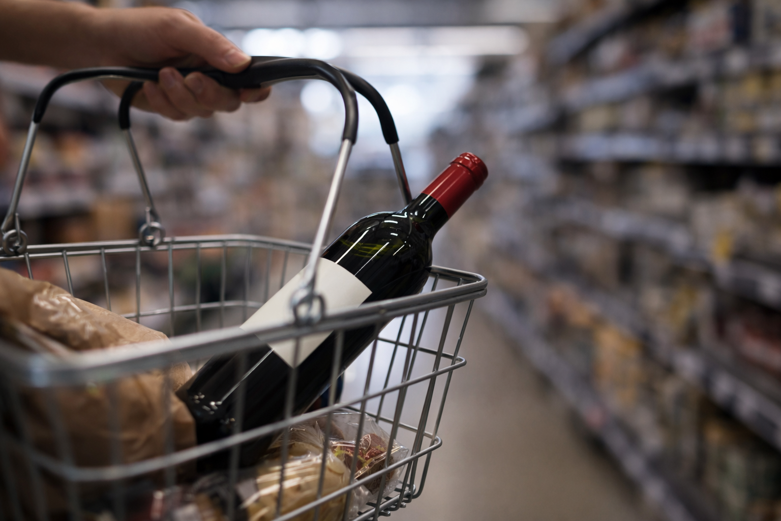 A wine bottle in a shopping basket that suggests real-life buying under time and budget pressure