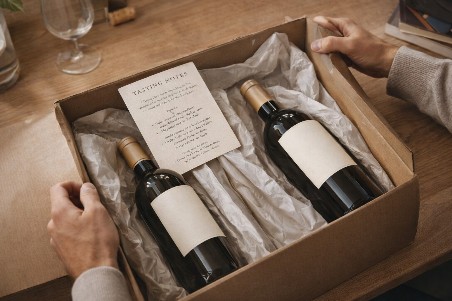 Hands opening a curated wine box with tasting notes