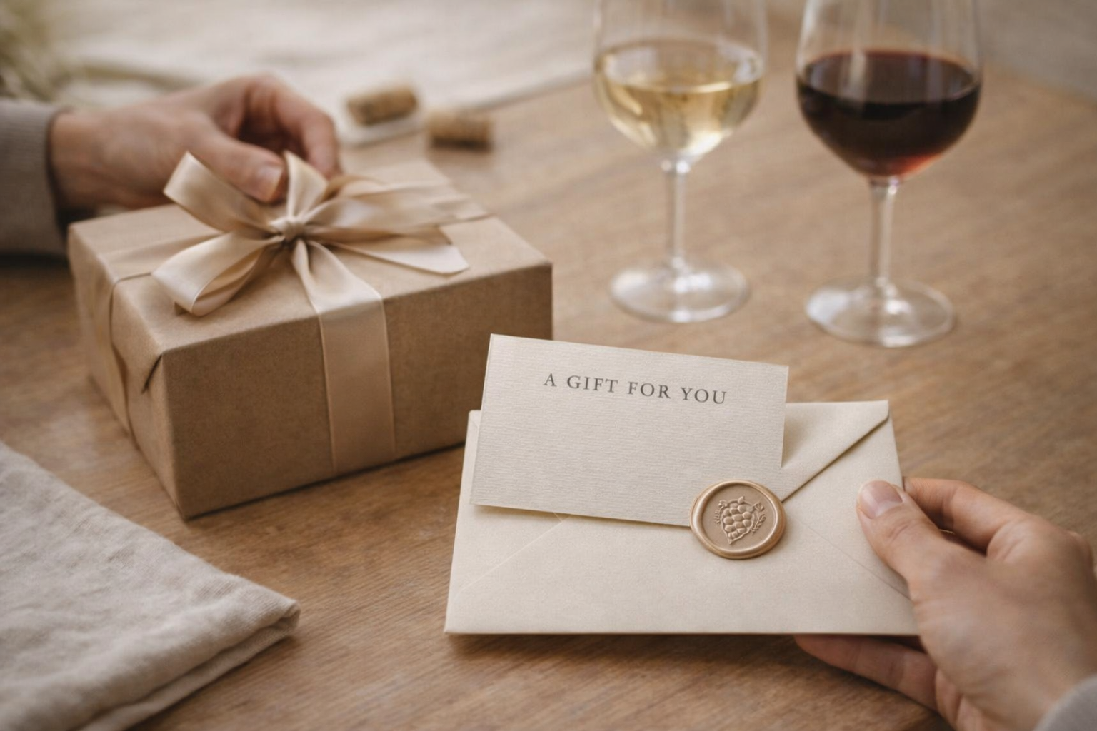 Elegant wine gift box with ribbon and card on neutral table
