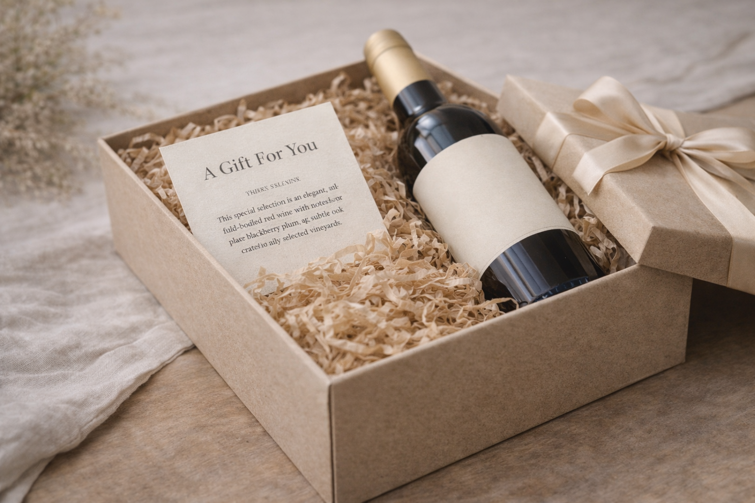 An open wine gift box with bottles, ribbon, and a simple card