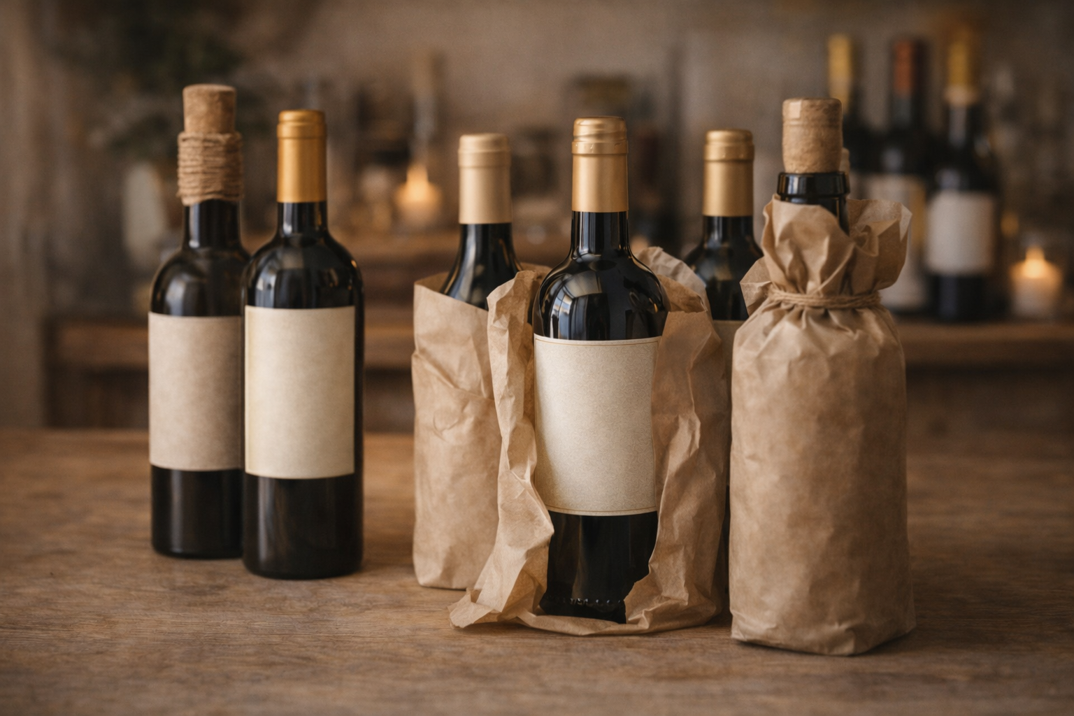 Unlabeled wine bottles grouped together, some wrapped in paper, on a neutral surface