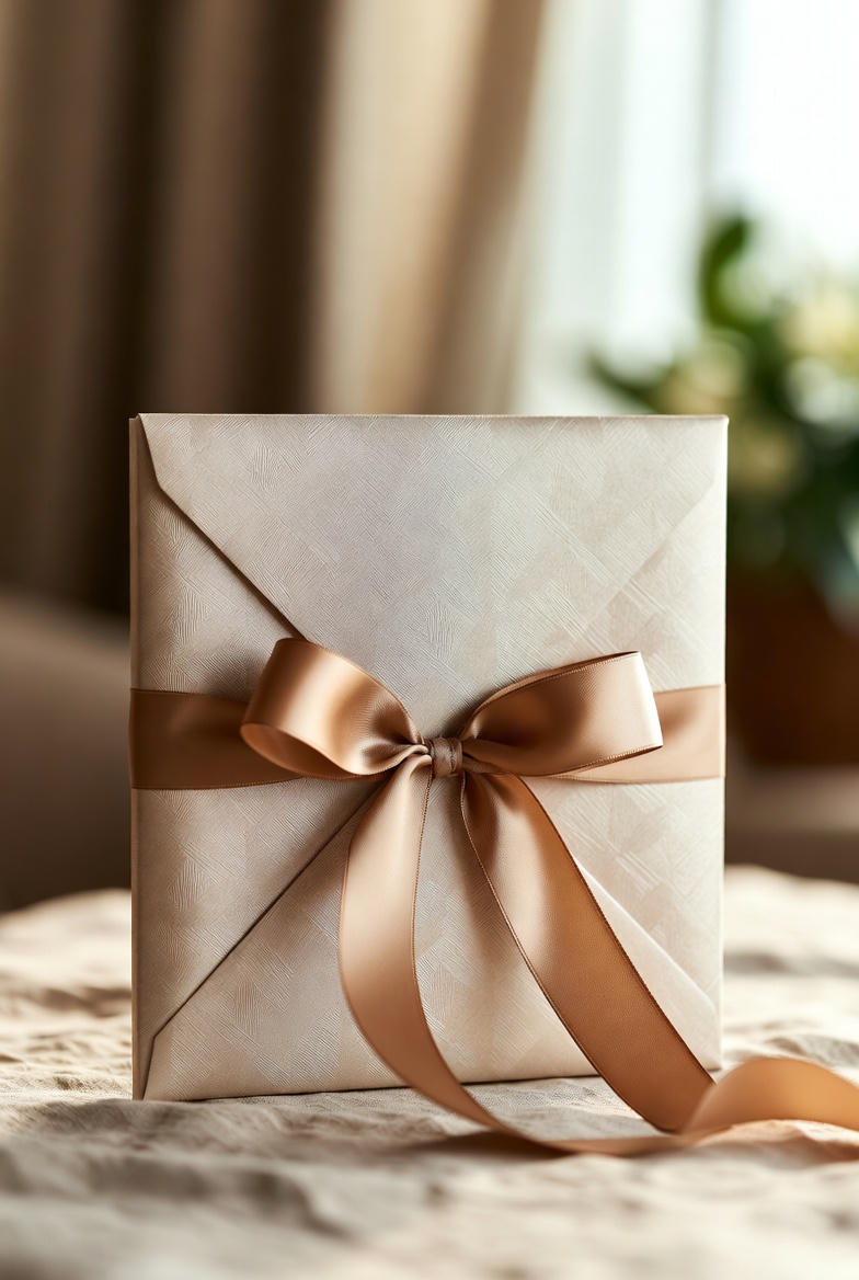 A minimal wine gift arrangement with wrapped bottle and card on a neutral surface